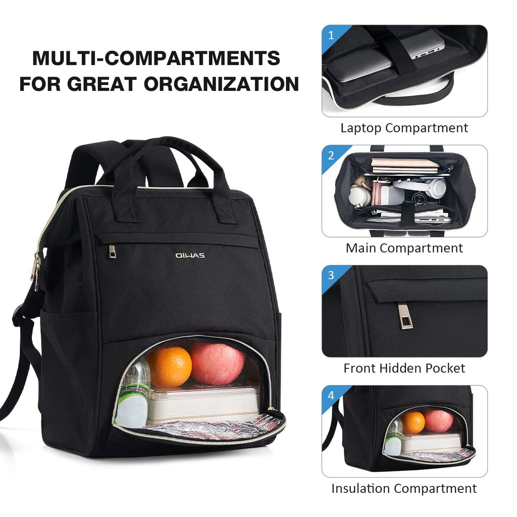 OIWAS Lunch Backpack for Women and Men, 15.6 inch Laptop Backpack with Insulated Compartment, Work Backpack with USB Port, Lunch Bag Suitable for Travel Work Picnics Hiking, Black