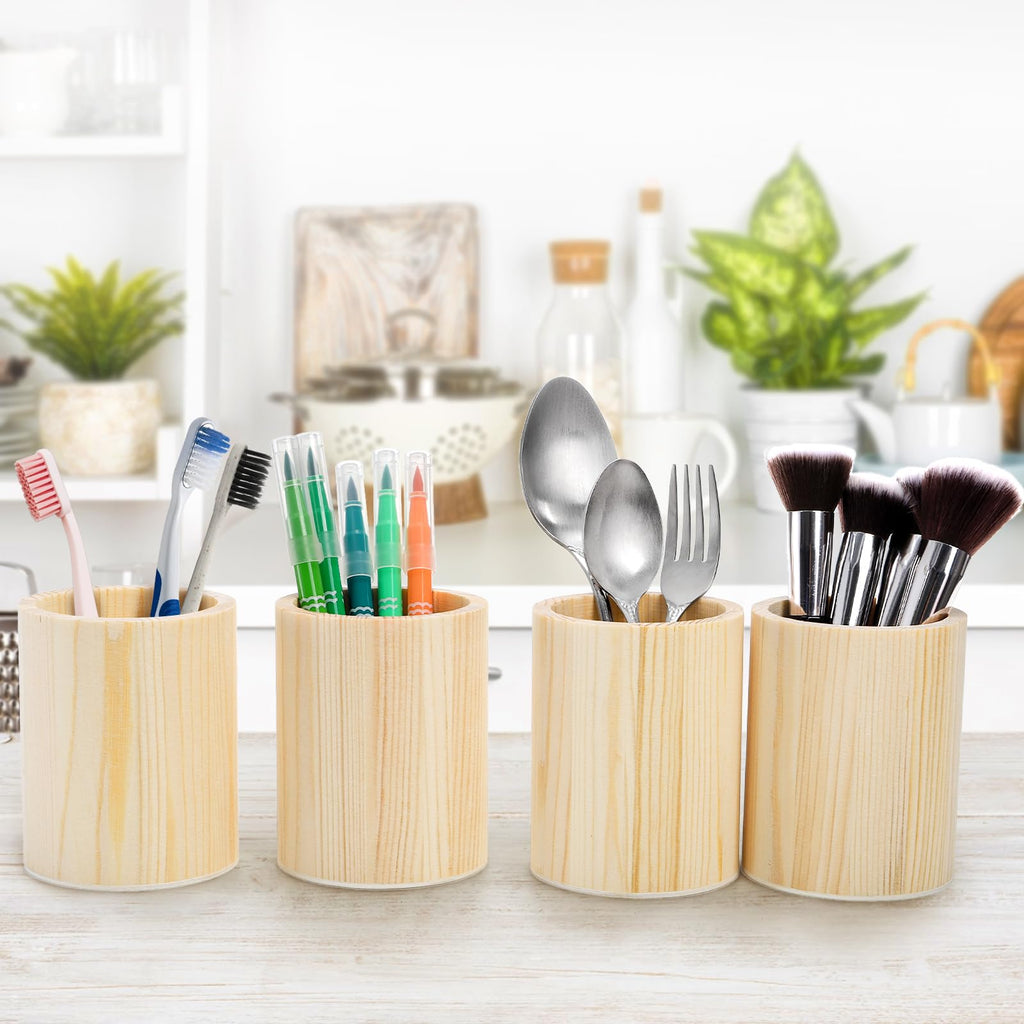 Yopay 12 Pack Wood Pen Holder, 4 Inch Round Pencil Holder for Desk, Unfinished Wooden Pencil Cup Desk Organizer for Makeup Brush, Homemade DIY Crafts, Painter, Home School Office Supplies
