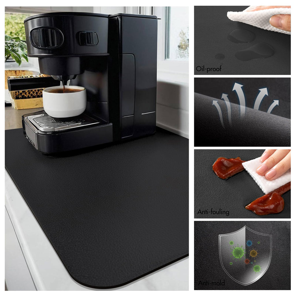Coffee Mat-Coffee Bar Mat for Countertops, Hide Stain Absorbent Rubber Backed Quick Drying Mat Fit Under Coffee Maker Espresso Machine (Black, 16"x24")