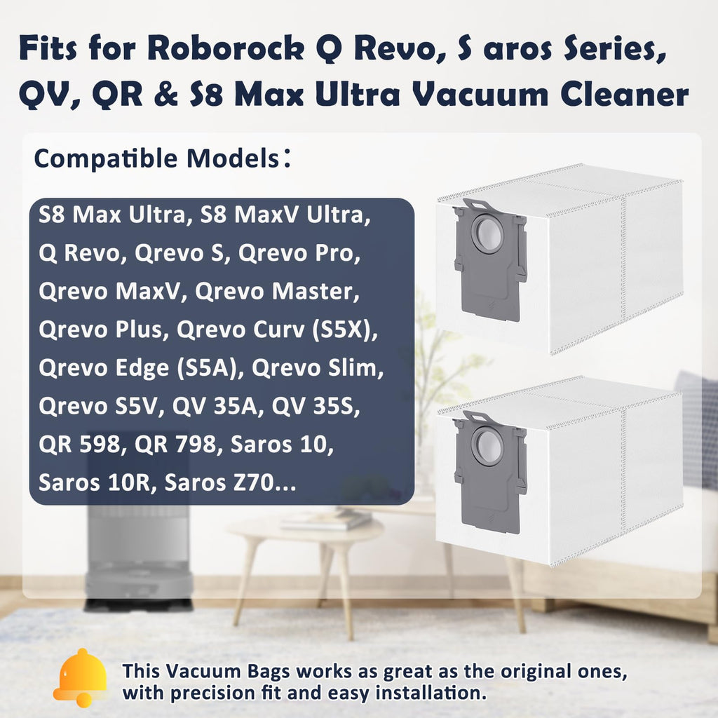 12 Pack Dust Bag for Roborock Qrevo QV 35A/Qrevo S5V/Saros 10/10R/Qrevo Curv 2 Flow/S5X/Qrevo Edge S5A/S/Pro/Master/Plus/S8 MaxV Vacuum Cleaner, 3 L Large Capacity Disposable Bags Replacement