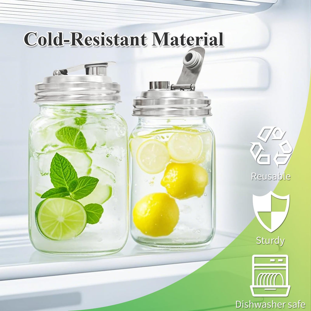2PCS Mason Jar Pour Spout Lid Stainless Steel,Wide Mouth Pour Spout Flip Cap Lids for Mason Jars, Reusable Mason Jars Lid,Leak Proof Seal, for Drinking Salad Dressing & Food