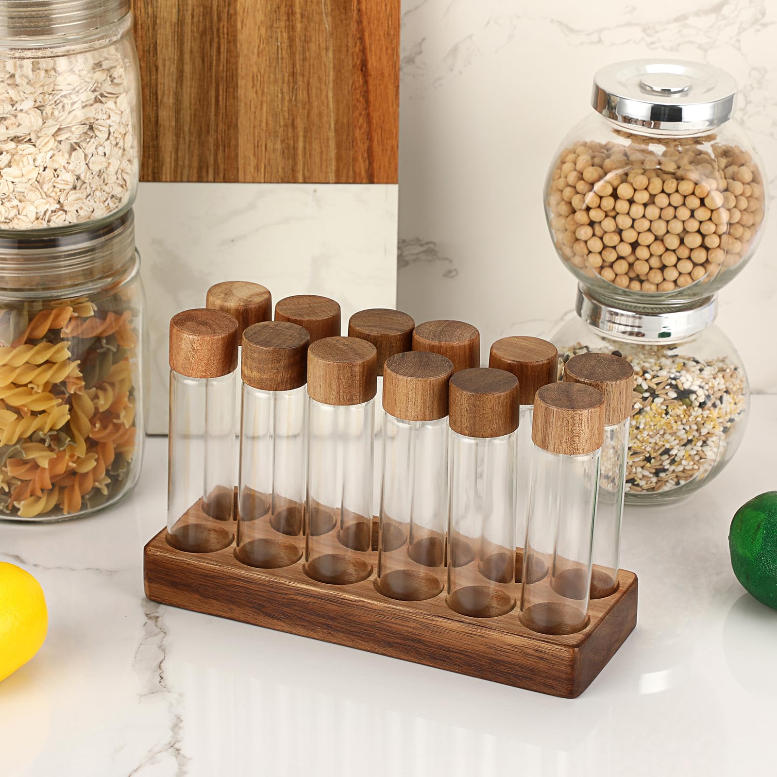 JuxYes Single Dose Coffee Bean Storage Tubes, 12pcs Coffee Bean Cellars with Lid, 2 oz Glass Espresso Bean Container with Wooden Holder Stand, Sealed Dosing Glass Vials for Tea, Candies, Spices