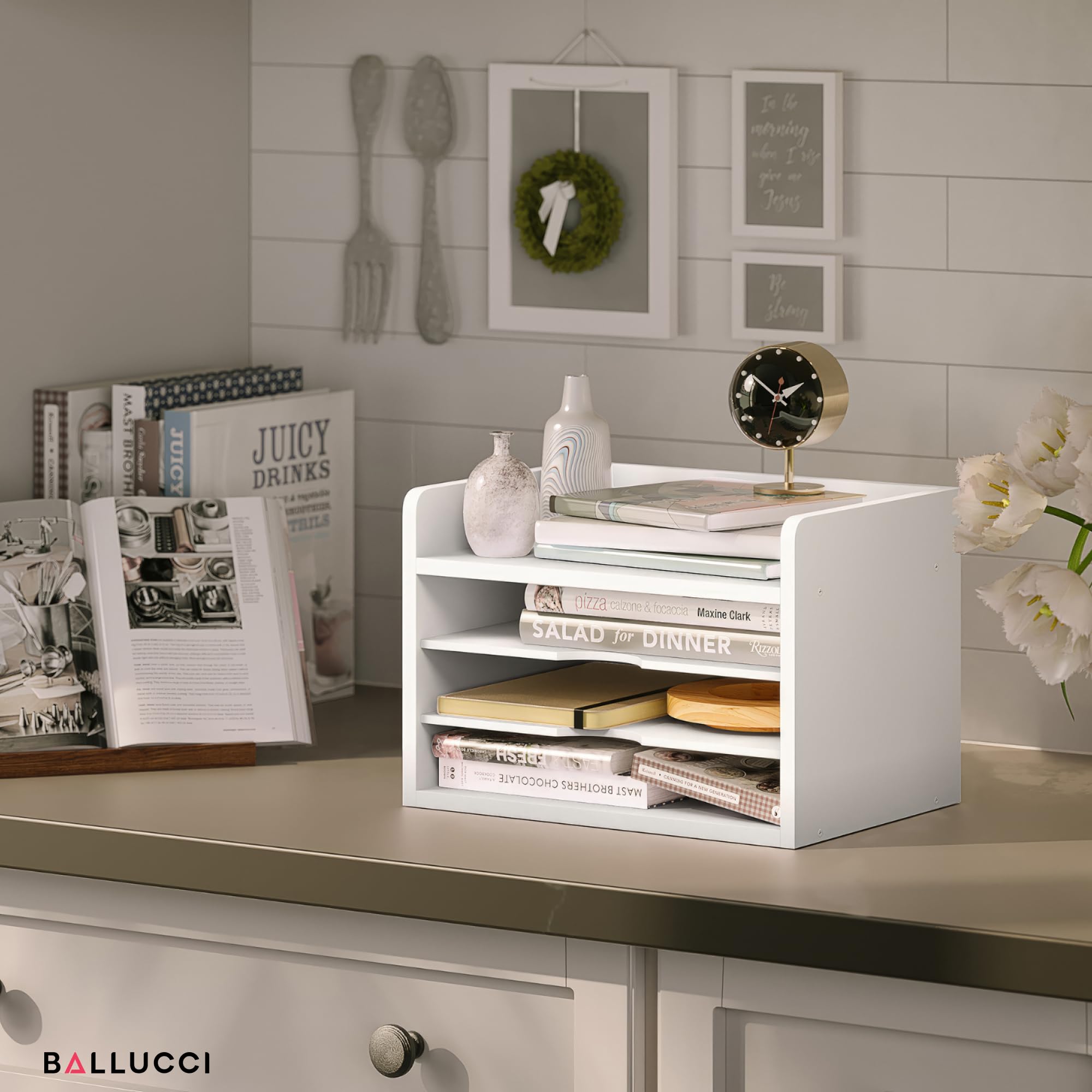 Ballucci File Organizer, 4-Tier Office Desk Organizer, Open Top Wood Paper Organizer for Classroom, Desktop Mail Sorter Paper Tray, White
