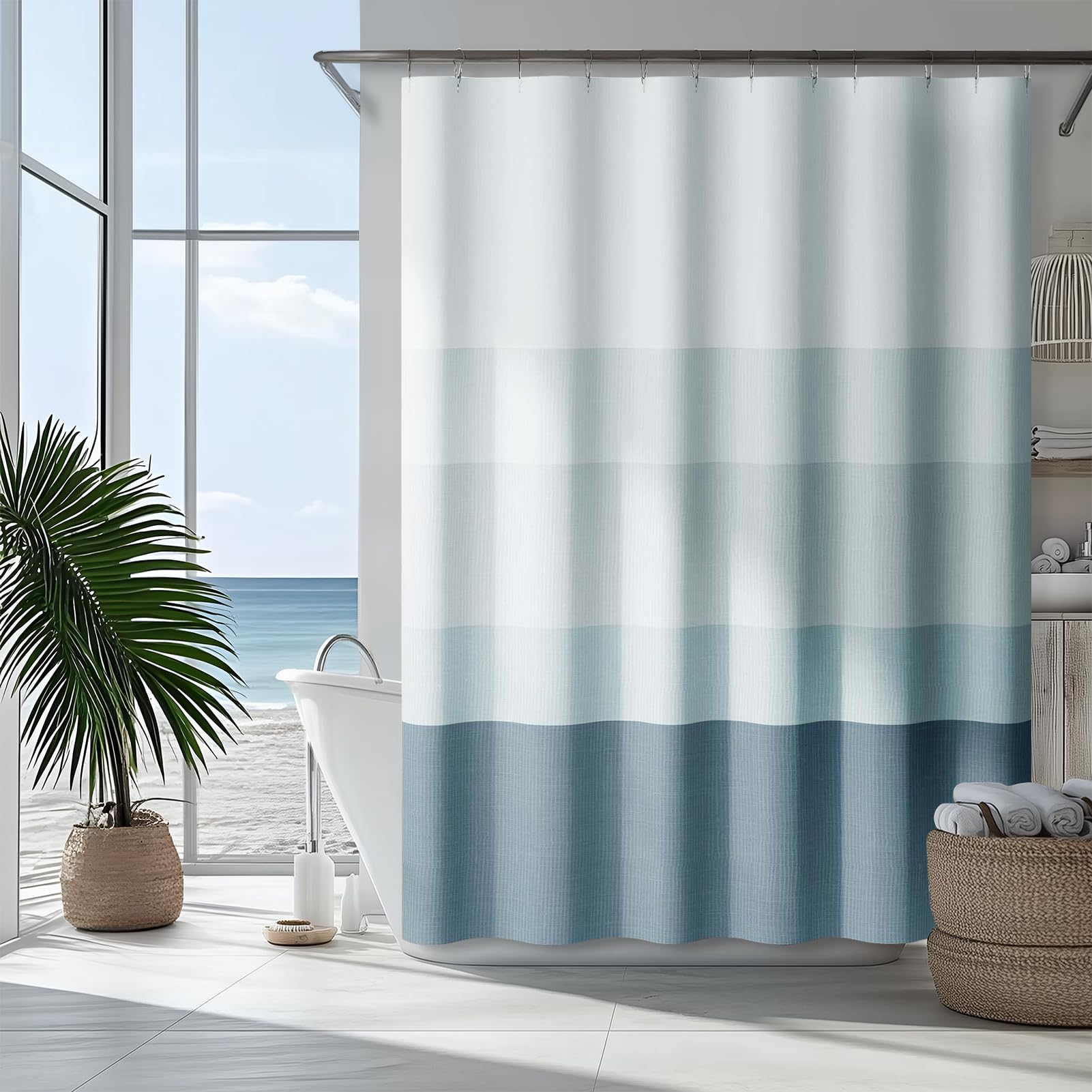 jinchan Ombre Ocean Blue Striped Shower Curtain Waterproof Fabric Shower Curtains for Bathroom Gradual Color Minimalist Design Modern Neutral Luxury with 12 Hooks 70x72 Inches
