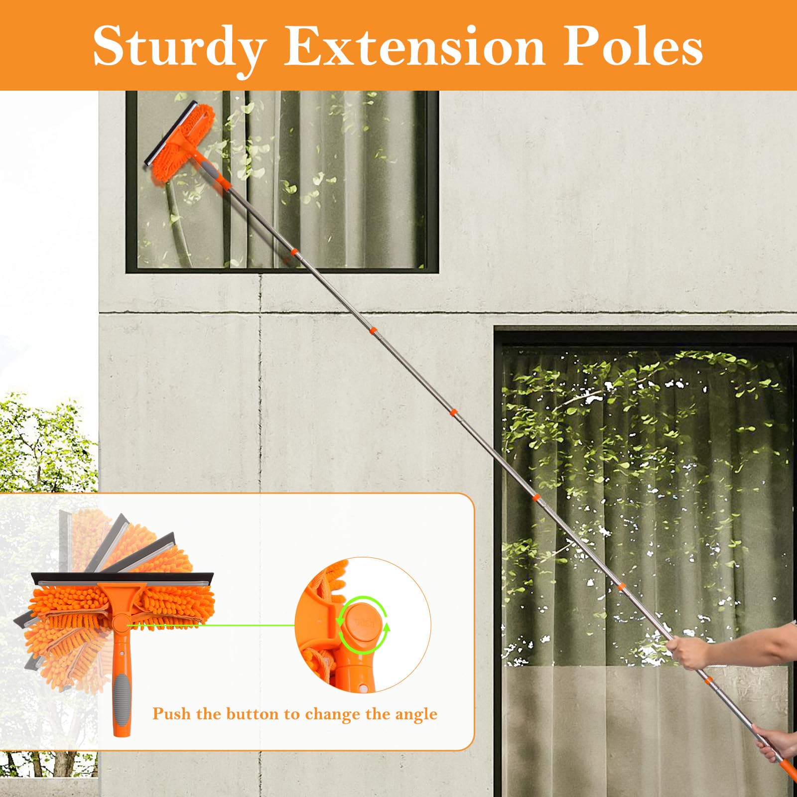 Terafeels 110.23in / 280cm Window Cleaning Tools, 2 Window Squeegees and 3 Cleaning Cloths : 2 in 1 Double-Sided Professional Cleaner with Extension Pole Cleaning Supplies (Orange)