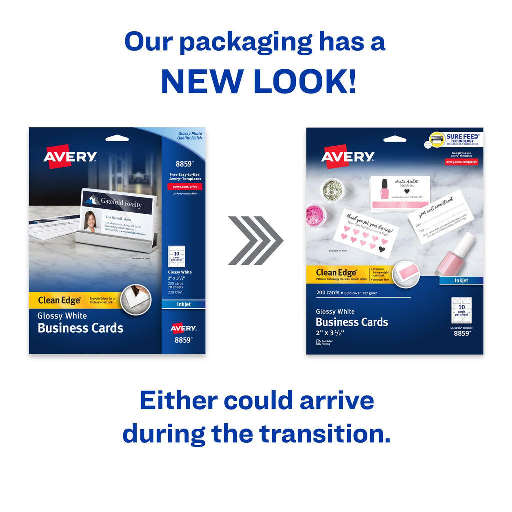 Avery Ink Jet Two-Side Printable Clean Edge Business Cards, White, Glossy, Pack of 200 (8859)