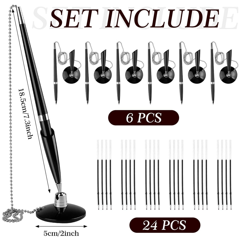 Supkiir 6 Pack Secure Pen with Adhesive Pen Chain and Security Pen Holder with 24 Pack Ink Refills, Reception Counter Pen with Bead Chain for Office Supplies Bank Hotel Lobbies Retail Stores