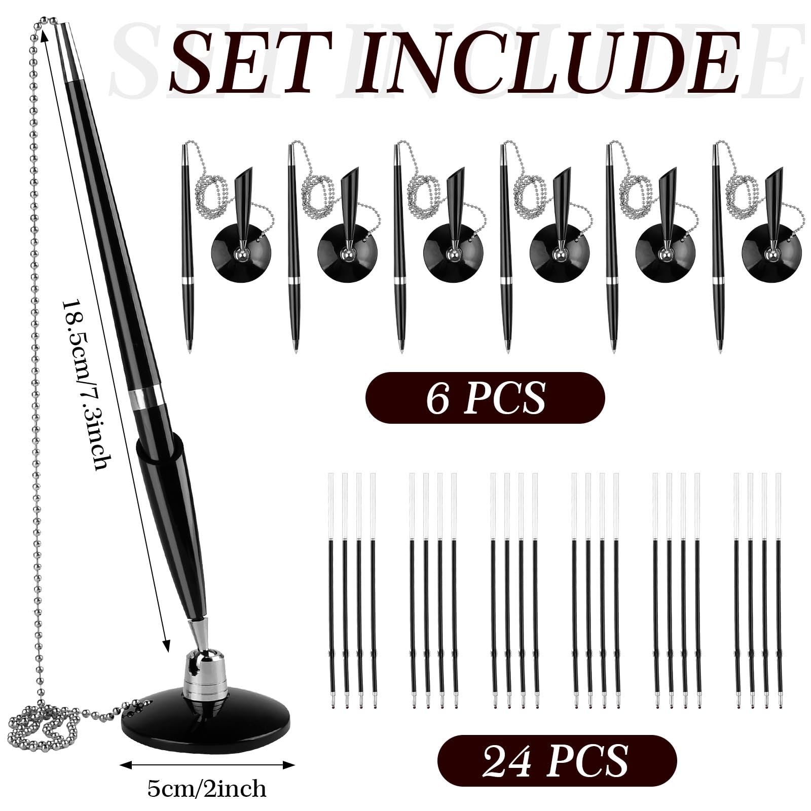 Supkiir 6 Pack Secure Pen with Adhesive Pen Chain and Security Pen Holder with 24 Pack Ink Refills, Reception Counter Pen with Bead Chain for Office Supplies Bank Hotel Lobbies Retail Stores
