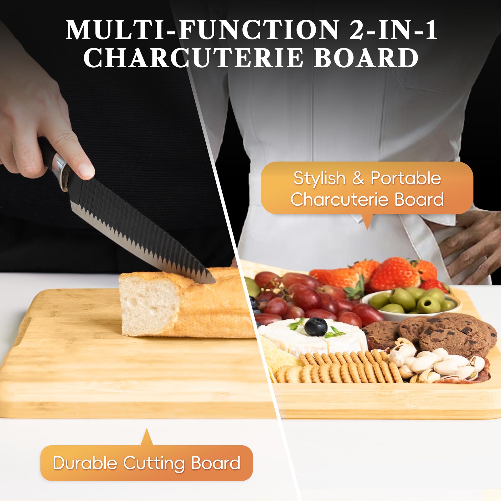 2-in-1 Charcuterie Board with Lid, Large Cutting Board for Kitchen, Travel Portable Bamboo Cheese Board, Covered Serving Tray, House Warming Birthday Gifts for Women Men Mom Dad