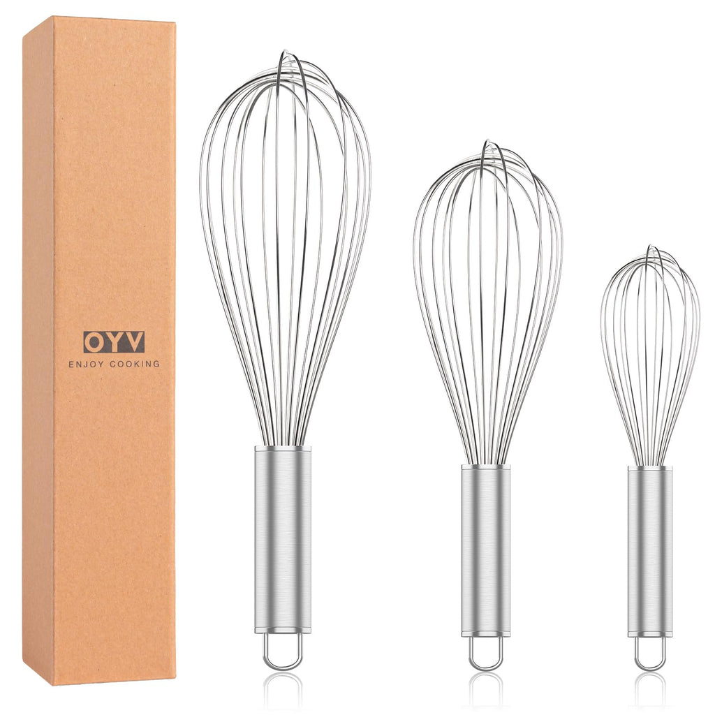 OYV 304 Stainless Steel Whisk Set, Dishwasher Safe Rustproof Metal Whisk, Professional Balloon Wire Whisks for Kitchen Cooking, Perfect for Blending, Whisking, Baking, Beating, 3 Packs (8" 10" 12")
