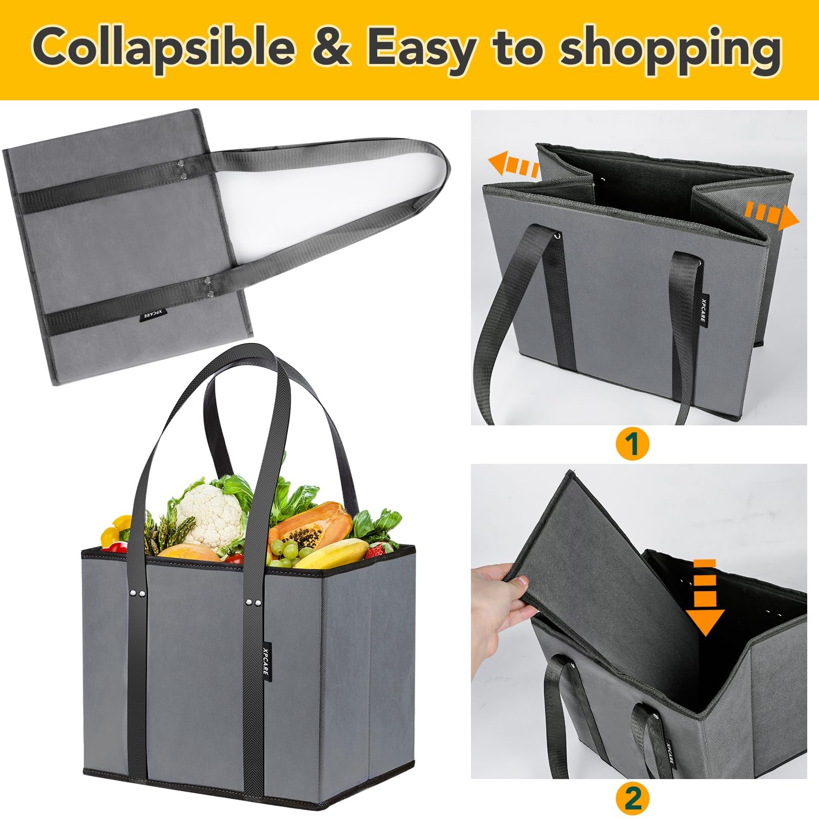 BURVAGY 4 Pack Reusable Grocery Bags - Heavy Duty Reusable Shopping Bags with Box Shape to Stand Up, Stay Open, Fold Flat - Foldable Grocery Tote Bag with Long Handles & Reinforced Bottom Grey