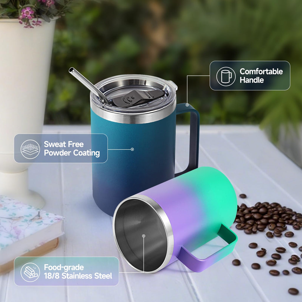 Volhoply 16oz Insulated Stainless Steel Coffee Mugs with Leakproof Lid Bulk 2 Pack,Double Wall Vacuum Travel Coffee Cup with Handle,Reusable Metal Tumbler,Camping Mug Keep Hot&Cold(Mixed,2)