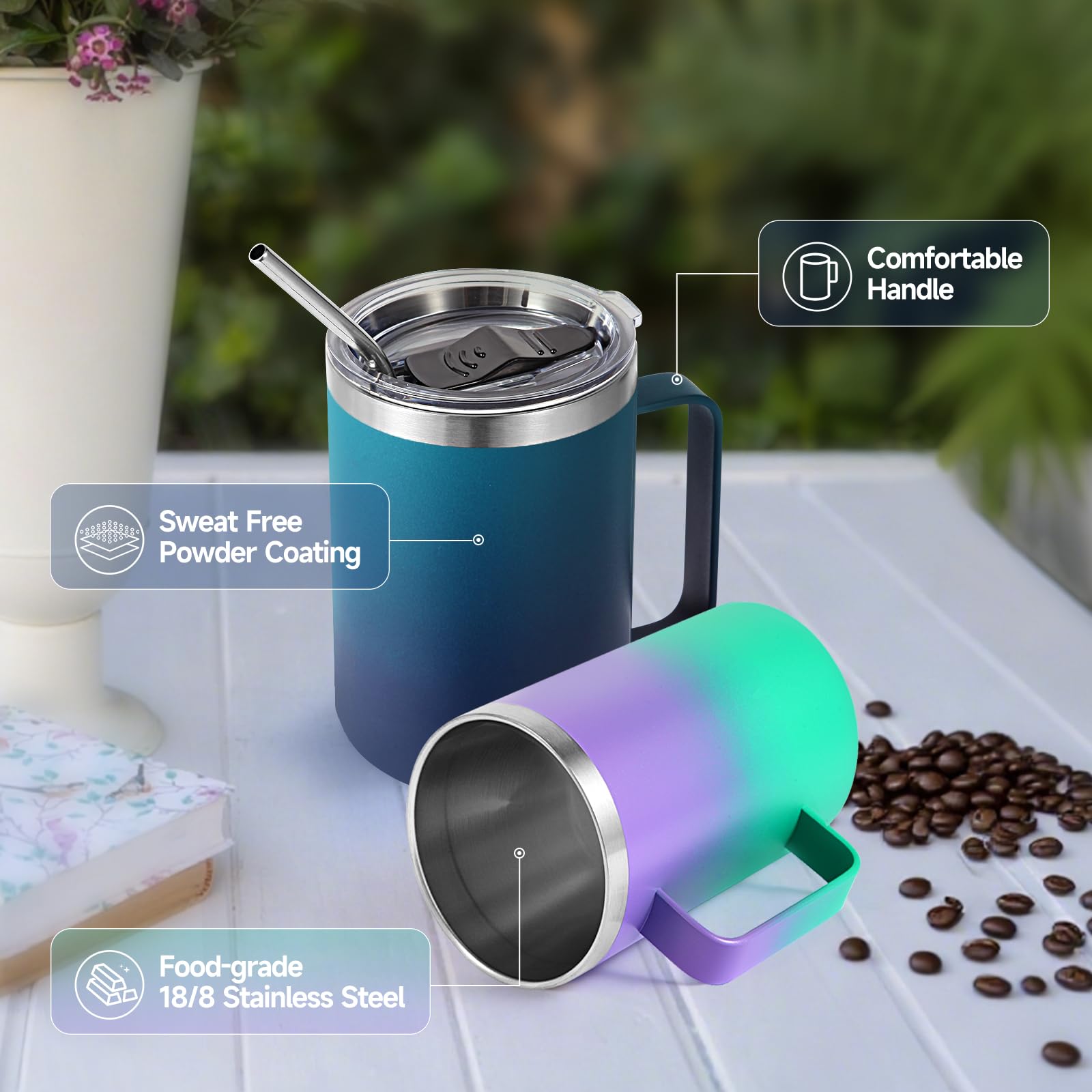 Volhoply 16oz Insulated Stainless Steel Coffee Mugs with Leakproof Lid Bulk 2 Pack,Double Wall Vacuum Travel Coffee Cup with Handle,Reusable Metal Tumbler,Camping Mug Keep Hot&Cold(Mixed,2)