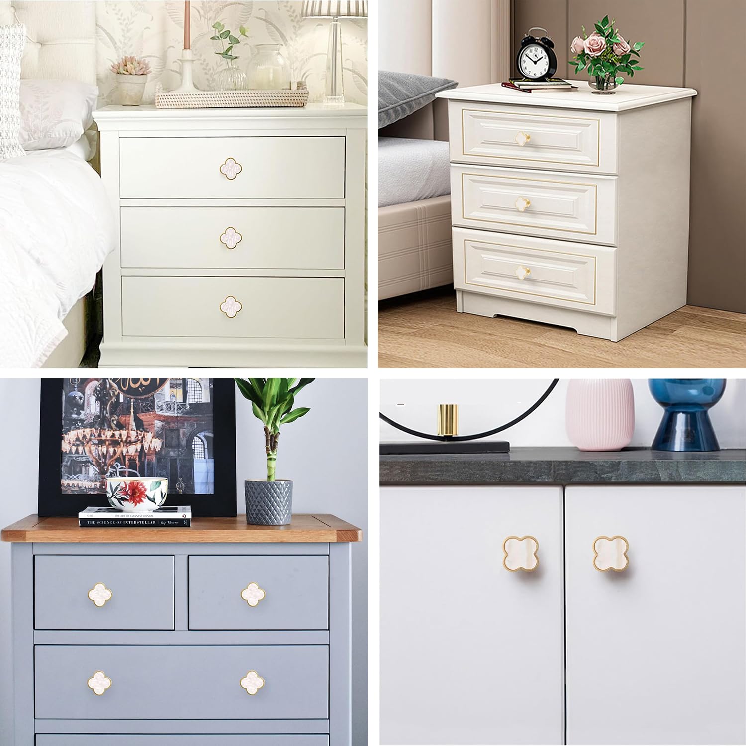 BEANPRECOY 8 Pcs Clover Four-Leaf Cabinet Knobs, Cabinet Drawer Pulls Cabinet Knobs, Zinc Alloy Single Hole Door Handle for Dresser, Wardrobe, Cupboard (White)