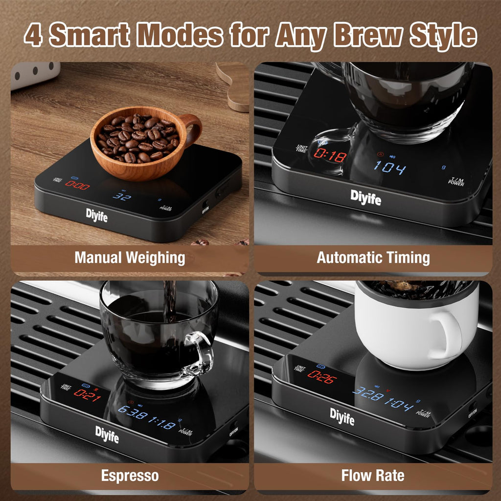 Rechargeable Mini Coffee Scale with Timer, 2kg/0.1g Diyife Espresso Scale with Brewing Assist Modes, Tare, Buzzer Function, High Precision Portable Digital Scale for Espresso and Pour-Over Coffee