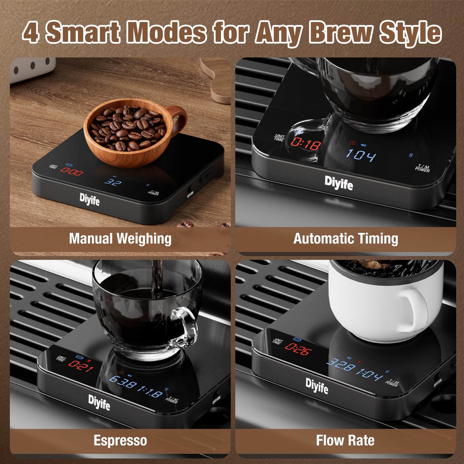 Rechargeable Mini Coffee Scale with Timer, 2kg/0.1g Diyife Espresso Scale with Brewing Assist Modes, Tare, Buzzer Function, High Precision Portable Digital Scale for Espresso and Pour-Over Coffee
