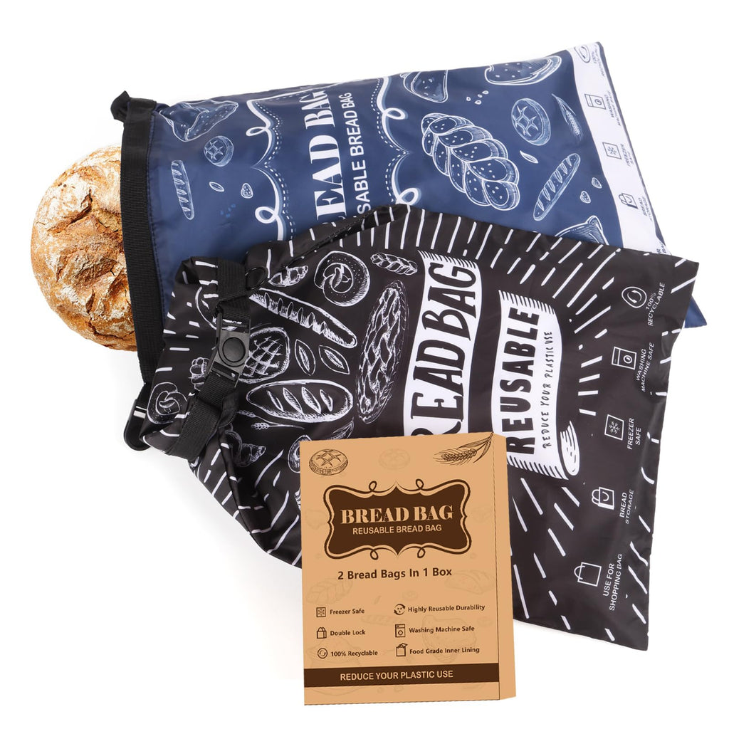 Bread Bags, 2 Packs Bread Bags for Homemade Bread, Reusable Sourdough Storage Bag With Zipper, Large Freezer Container to Keep Bread Fresh (Black, L)