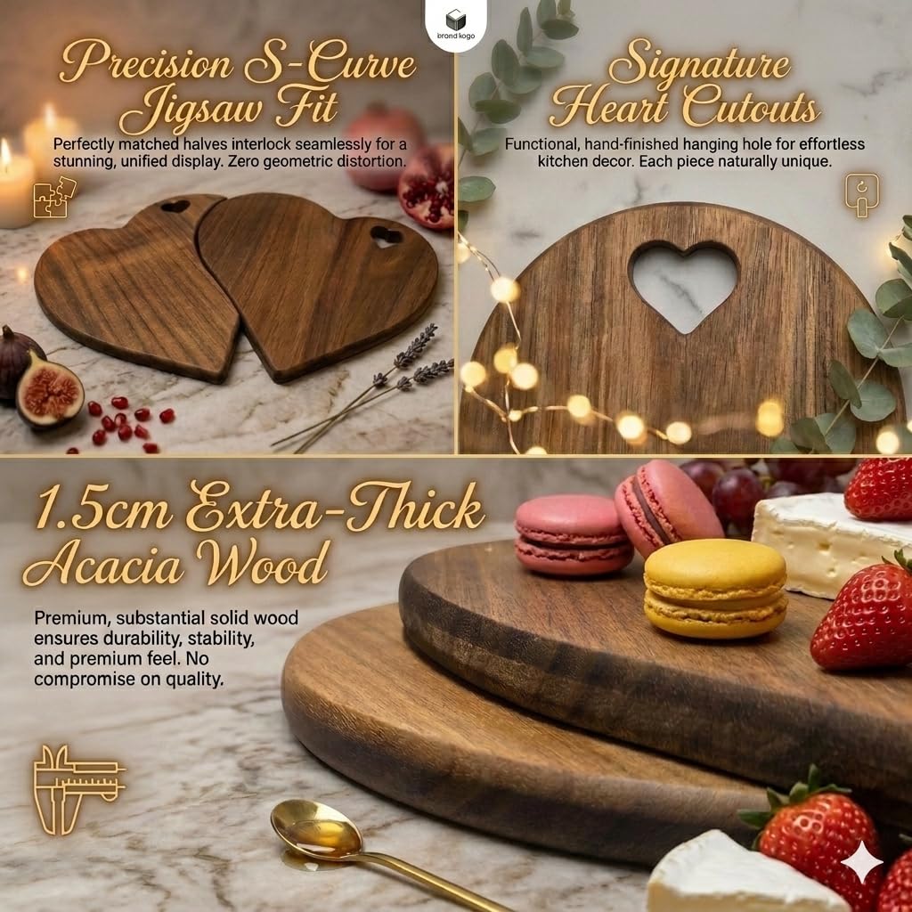 2-Piece Heart Charcuterie Board Set, 40cm Puzzle-Fit Acacia Wood Cheese Board, Romantic Wedding & Anniversary Idea Gifts for Couples, Two Halves of One Heart Date Night Serving Tray