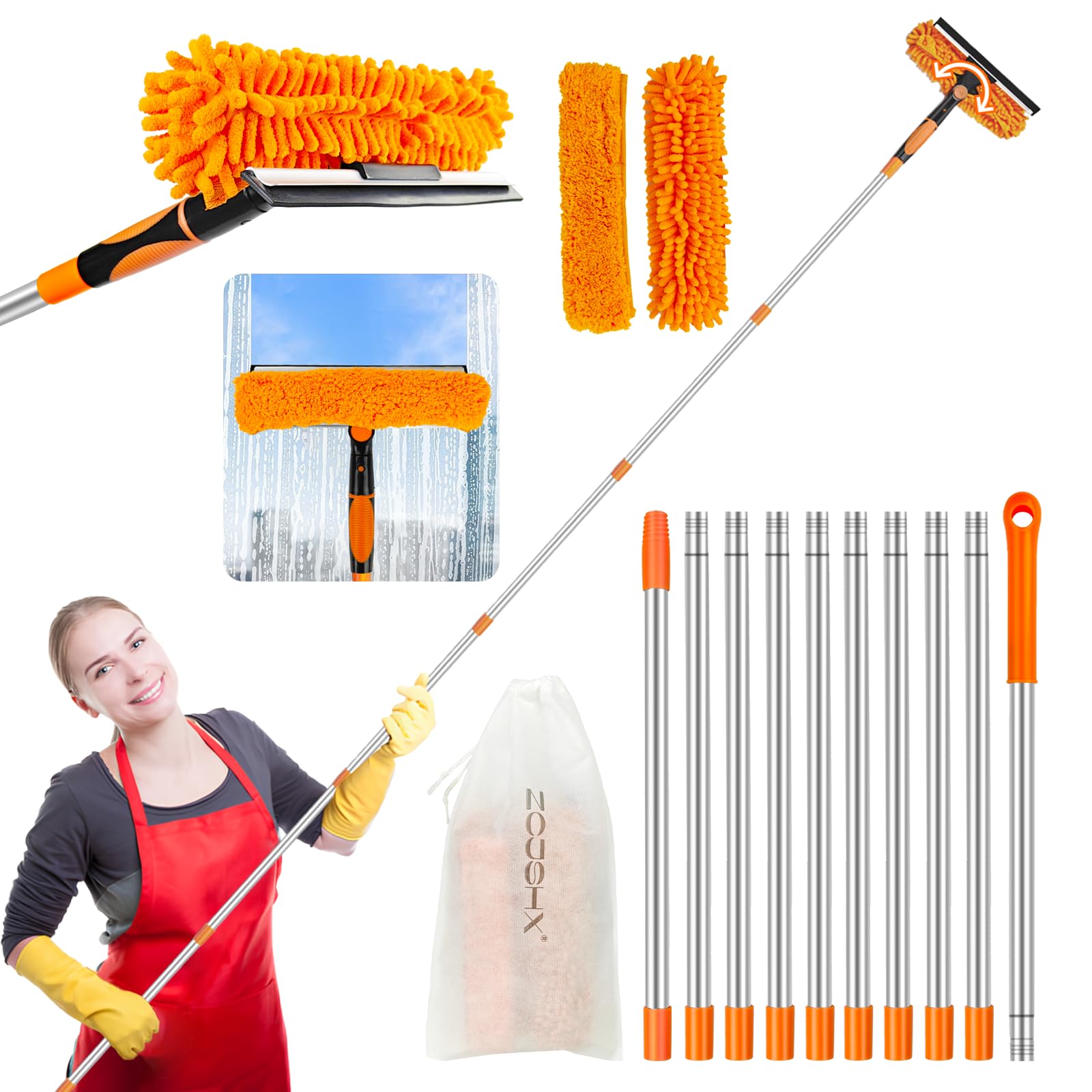 Window Cleaning Tools Window Squeegee: 2 in 1 Double-Sided Professional Cleaner Window Washing Kit with Extension Pole 20+ Ft Duster for High Ceilings Microfiber Scrubber for Indoor Outdoor High Glass