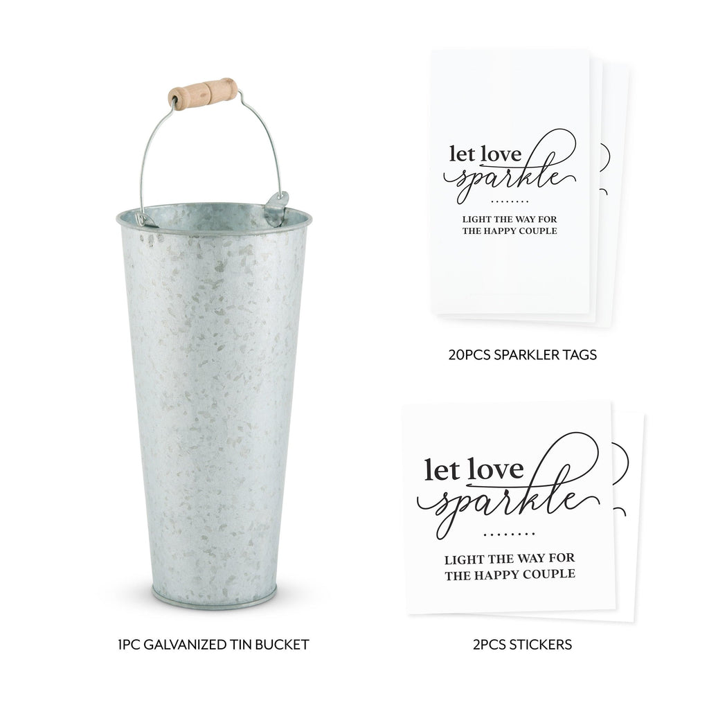 Weddingstar Wedding Sparkler Send-Off Kit with Galvanized Tin Bucket | 2 Stickers and 20 Tags - Let Love Sparkle