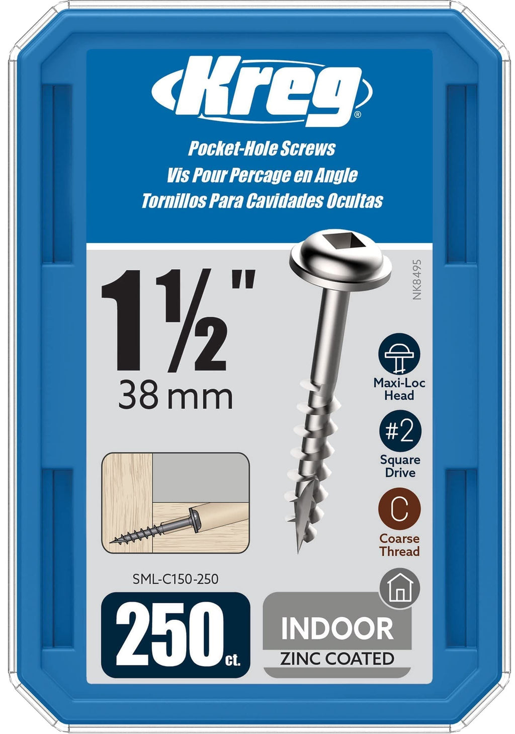 Kreg Zinc Pocket-Hole Screws - SML-C150-250 - 1-1/2 Inch - Coarse Thread - Maxi-Loc Head - Indoor - 250 Count