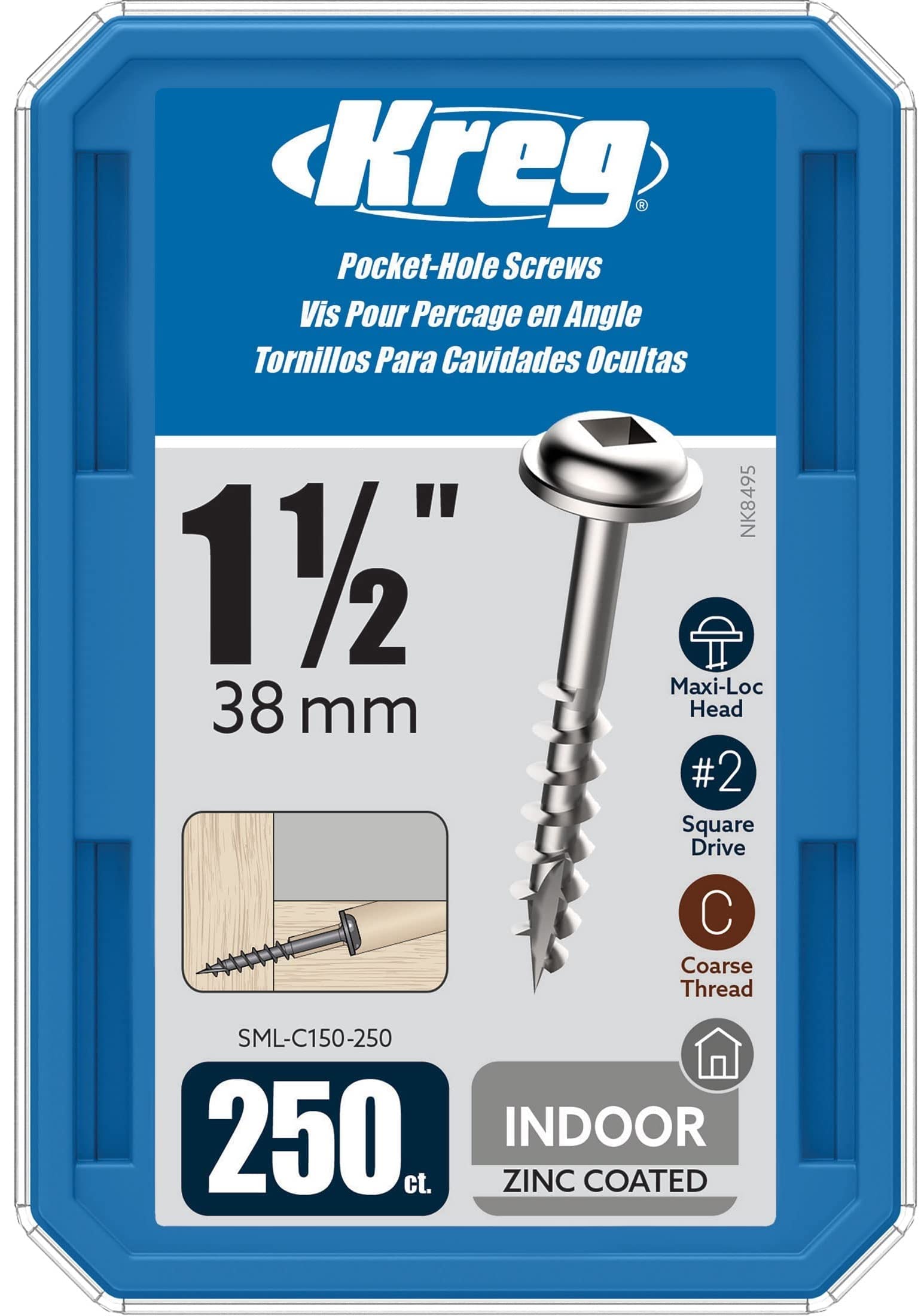 Kreg Zinc Pocket-Hole Screws - SML-C150-250 - 1-1/2 Inch - Coarse Thread - Maxi-Loc Head - Indoor - 250 Count