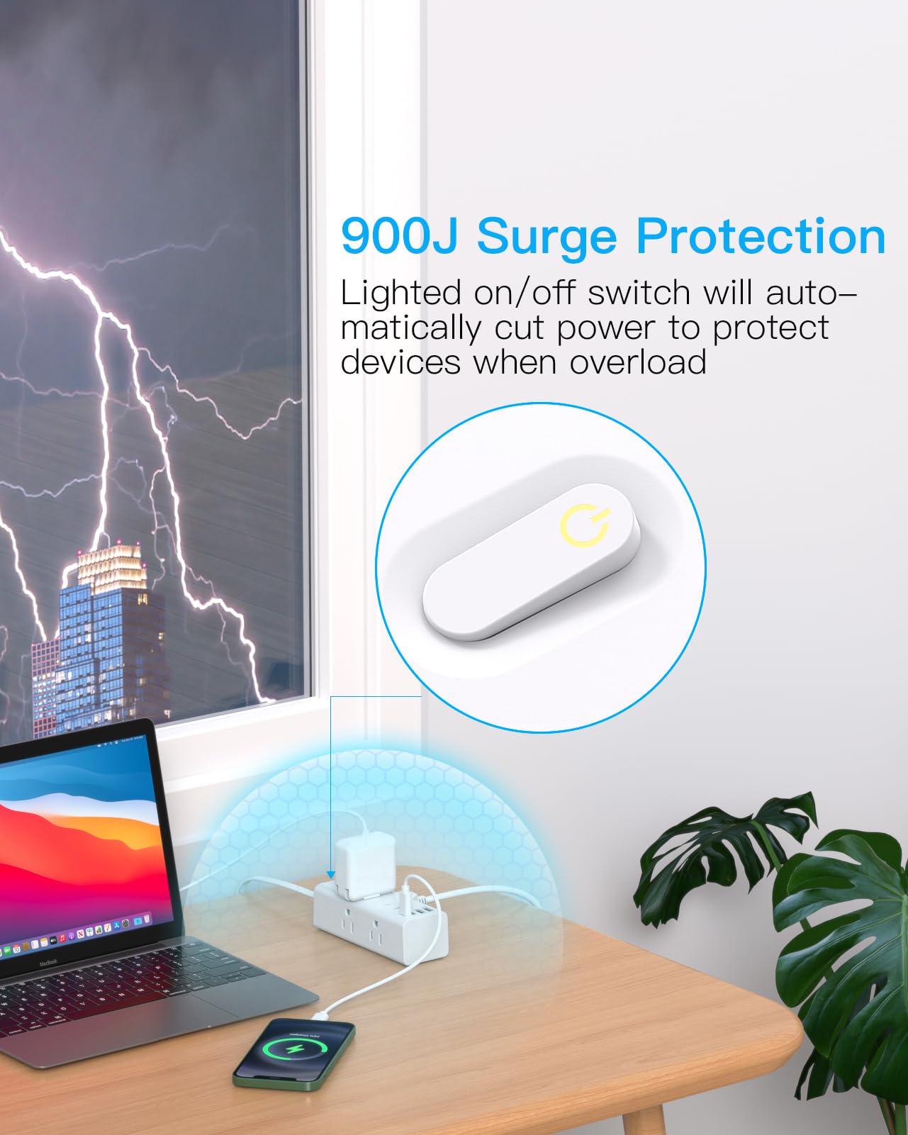 10FT Extension Cord Indoor, Power Bars with Surge Protector, Flat Plug Long Cord 6 Outlet 4 USB Ports (2 USB C) for Home, College, Dorm Room Essentials