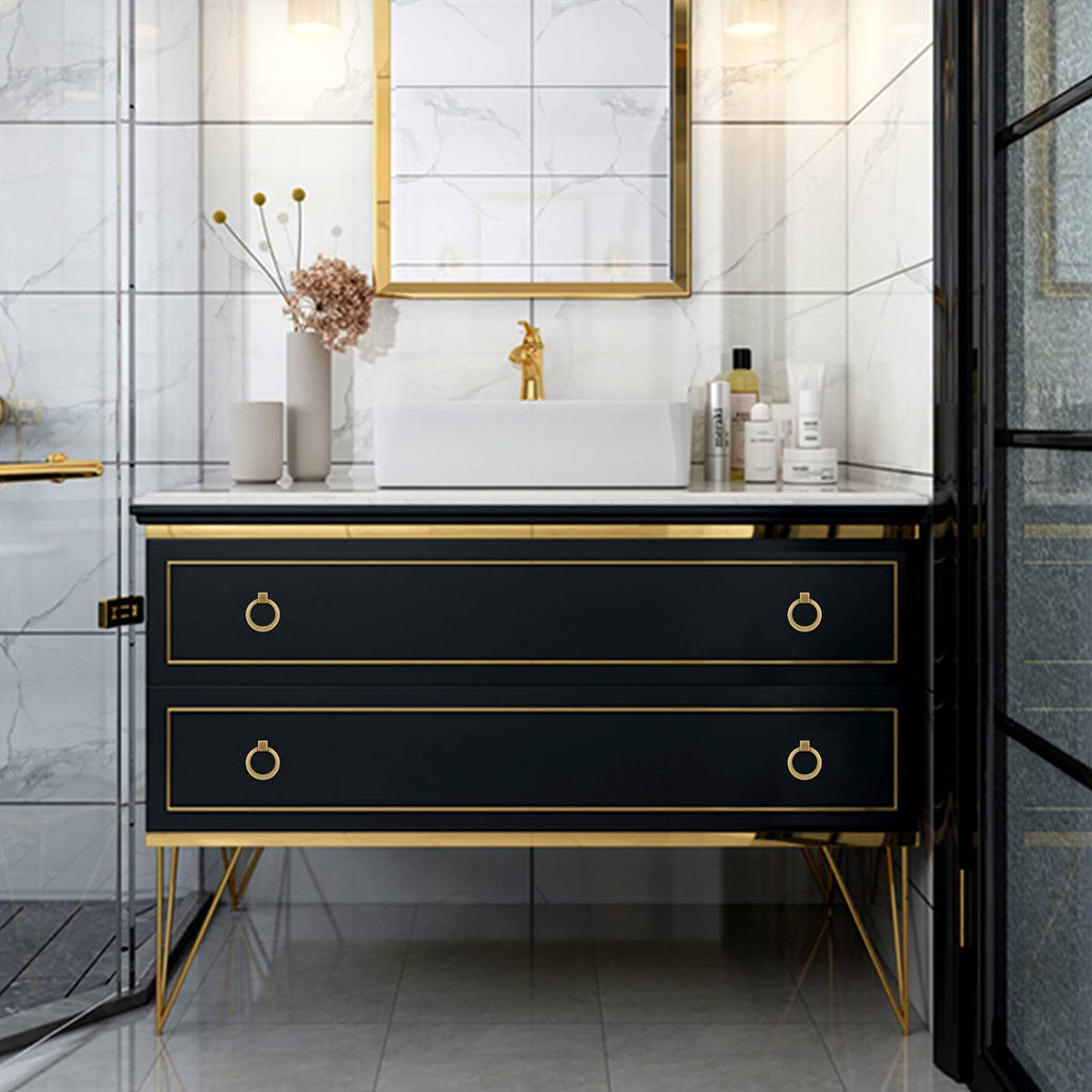 WEAVERBIRD Brushed Brass Finish Cabinet Knobs Gold Zinc Alloy Modern Kitchen Ring Pull Handles 1.57" Diameter Single Hole for Drawer - Pack of 10