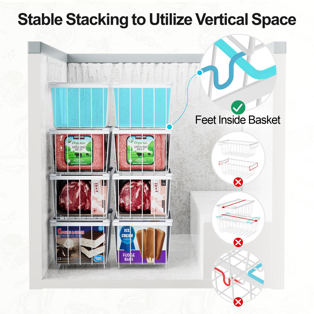 iSPECLE Chest Freezer Organizer for 5 to 7 Cu.Ft Deep Freezer, 4 Pack Stackable Wire Baskets to Sort Frozen Food, Storage Bins with Handles for Single Column Stacking, Black