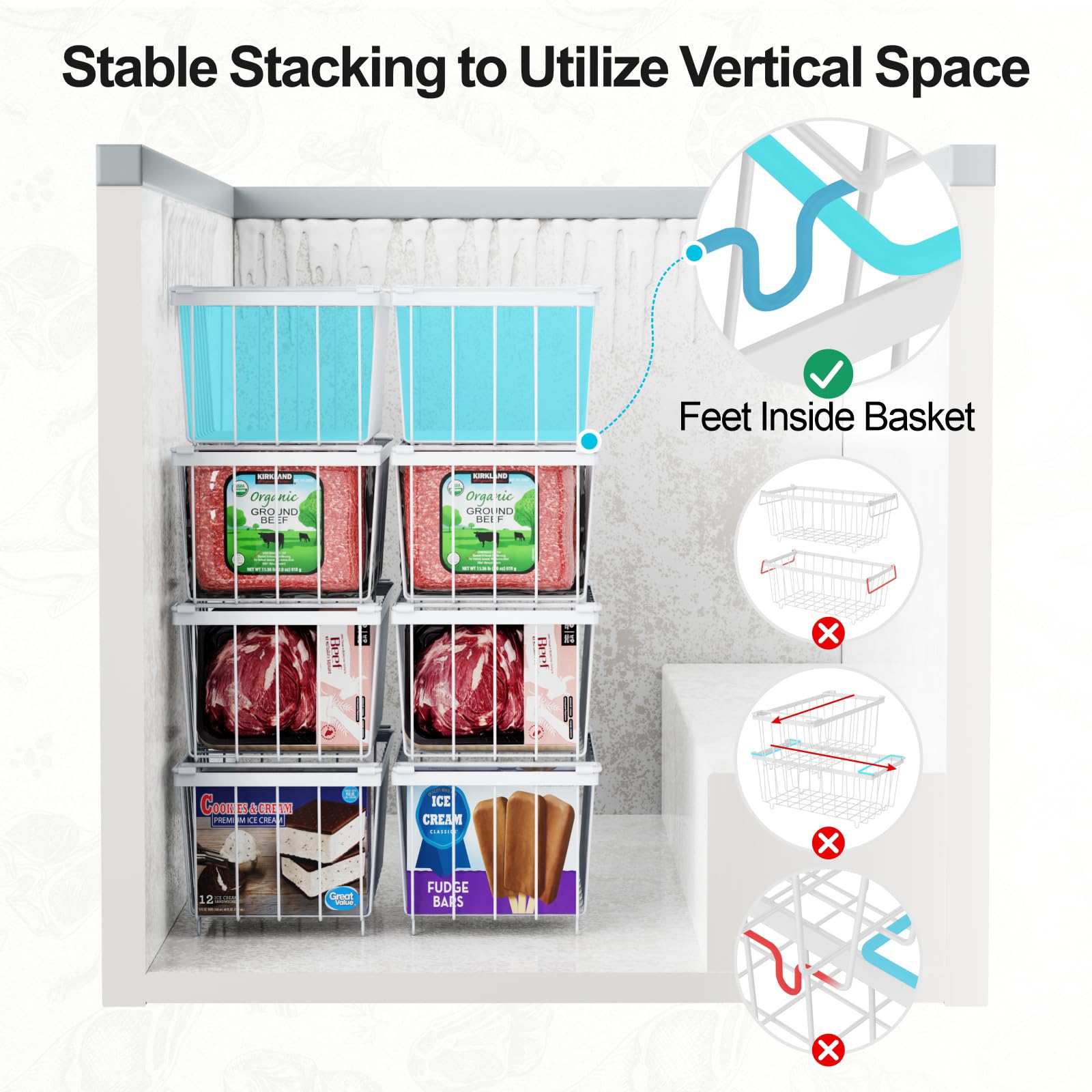iSPECLE Chest Freezer Organizer for 5 to 7 Cu.Ft Deep Freezer, 4 Pack Stackable Wire Baskets to Sort Frozen Food, Storage Bins with Handles for Single Column Stacking, Black