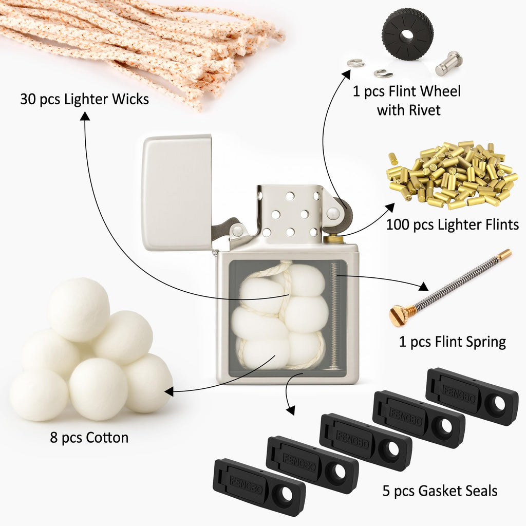 Universal Lighter Replacement Repair Kit Pack for Petrol Gas Fluid Lighter (Flint, Spring & Base Plate, Flint Wheel, Cotton, Wick and Felt Pad)