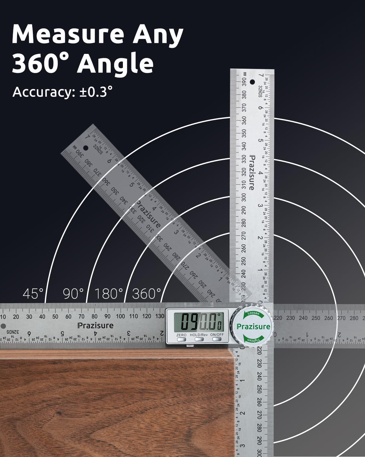 Prazisure Digital Angle Finder, Protractor 200mm, Professional Angle Measuring Tool for Woodworking, Construction and DIY Measurement (Includes 2 Batteries) (Aluminum)