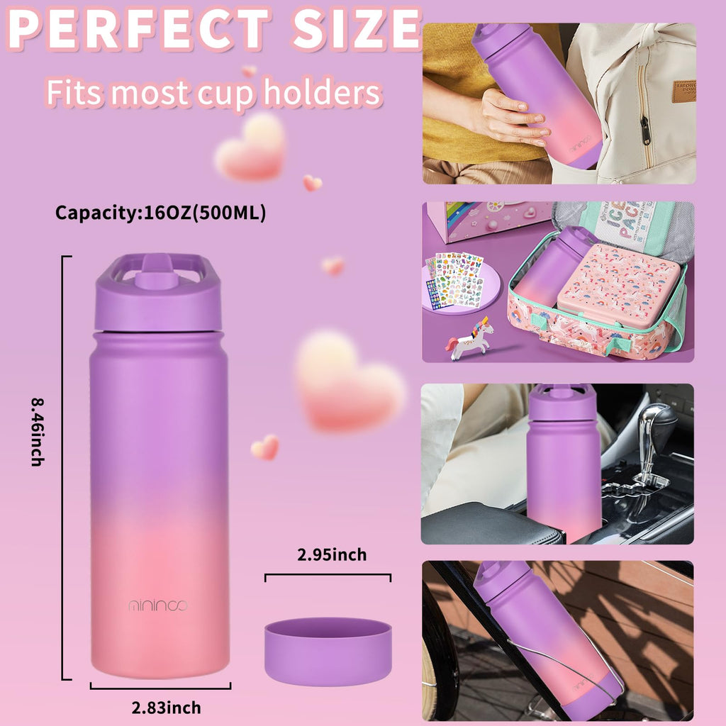 mininoo Girls Kids Water Bottle for School, 16oz Stainless Steel Insulated Water Bottle with Straw Lid (Purple/Pink)