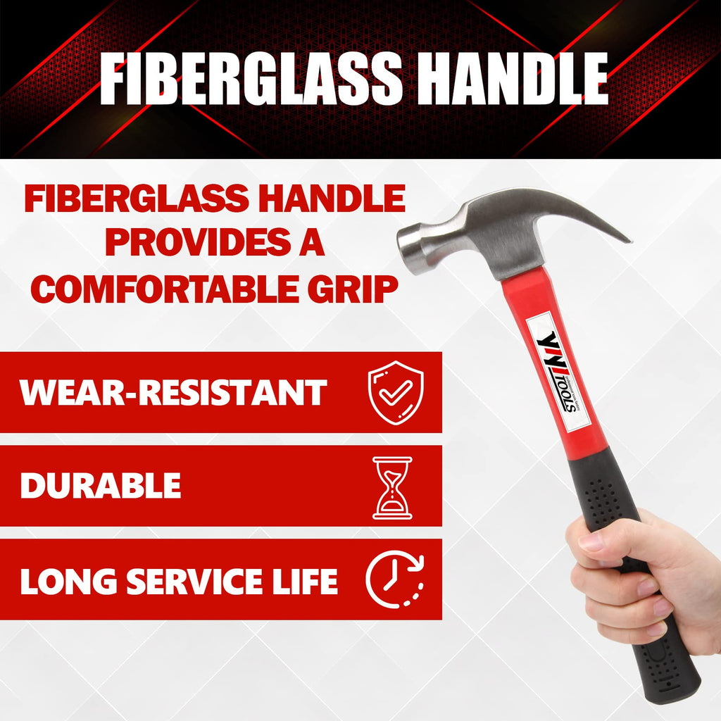 YIYITOOLS Claw Hammer with Fiberglass Handle – 16-oz, Red and Black (YY-1-003)