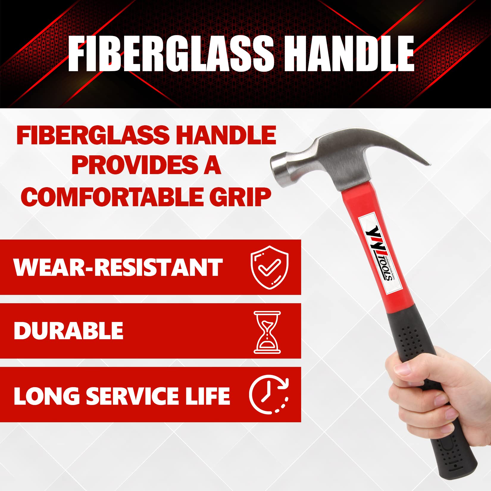 YIYITOOLS Claw Hammer with Fiberglass Handle – 16-oz, Red and Black (YY-1-003)