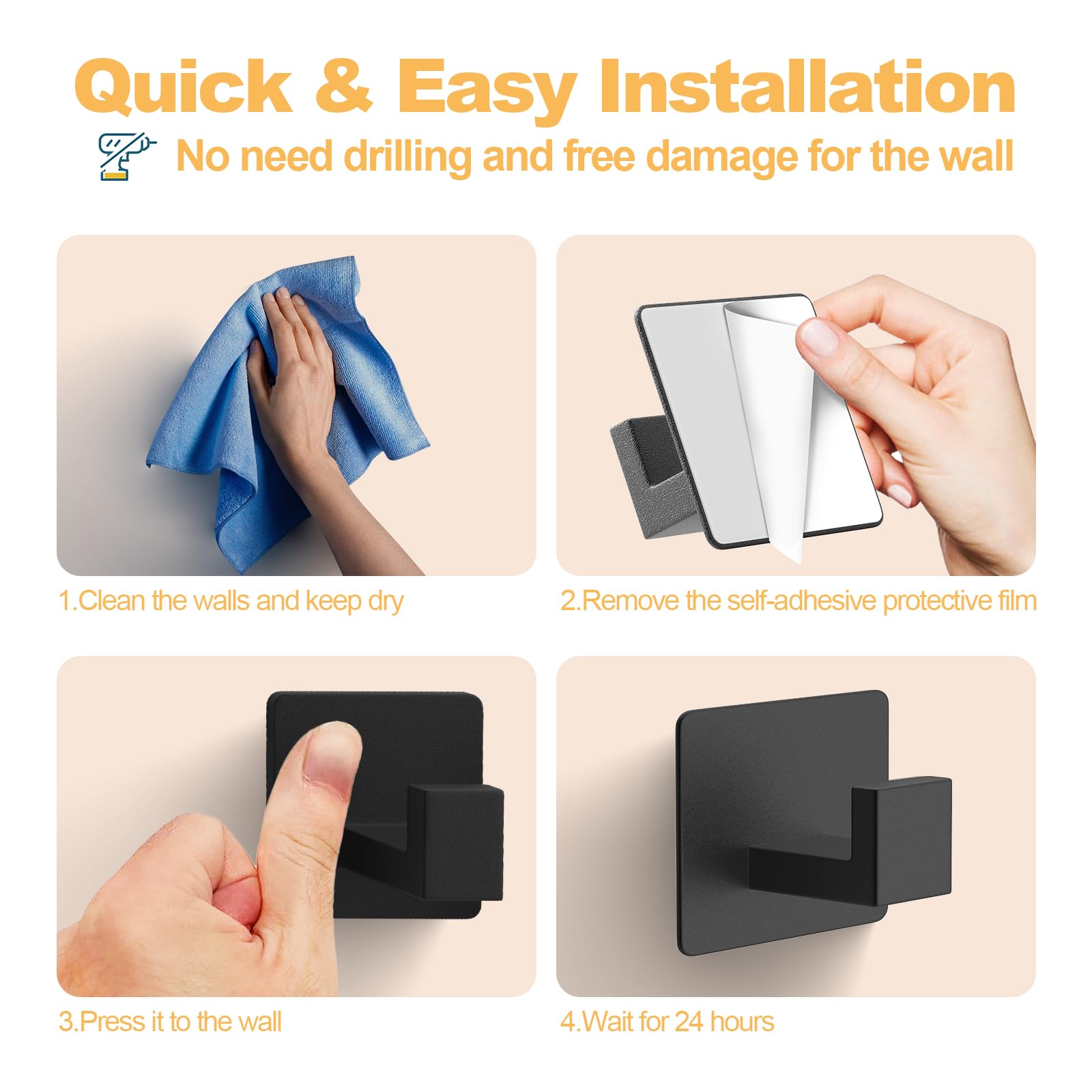 PMMASTO Black 4 Pack Self Adhesive Wall Hooks for Hanging, Stick On Wall Hanger Hook for Shower, Robe, Hat - Aluminium