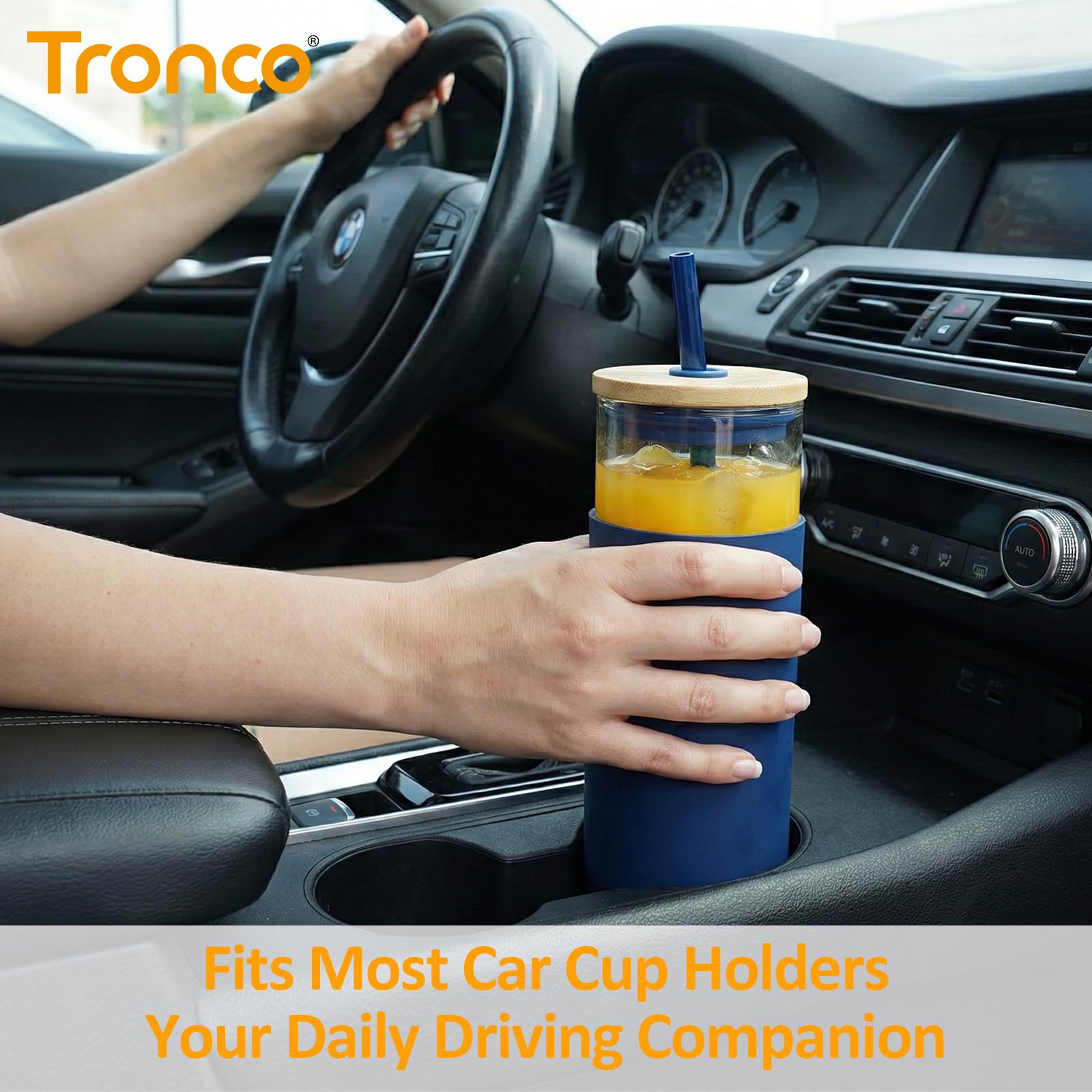 Tronco 20 oz Glass Tumbler with Straw and Bamboo lid,Wide Mouth Smoothie Cups,Reusable Iced Coffee Cup, Tumbler with Silicone Protective Sleeve - BPA Free（Amber）