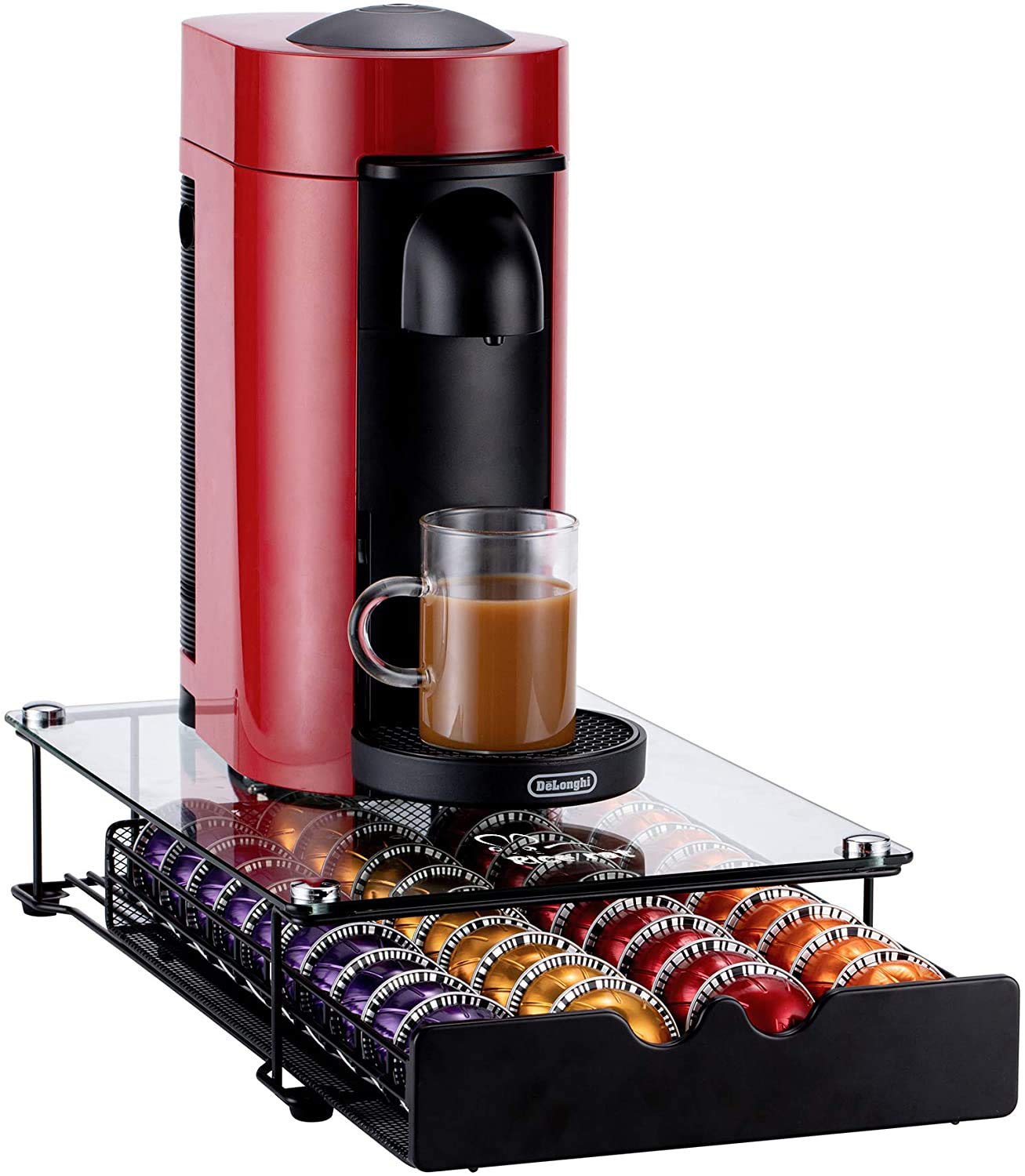 Rice rat Vertuo Capsule Holder Drawer for Nespresso With Glass For Cabinet Vertuoline Pod Storage Rack For Counter (Class-40 Pods)