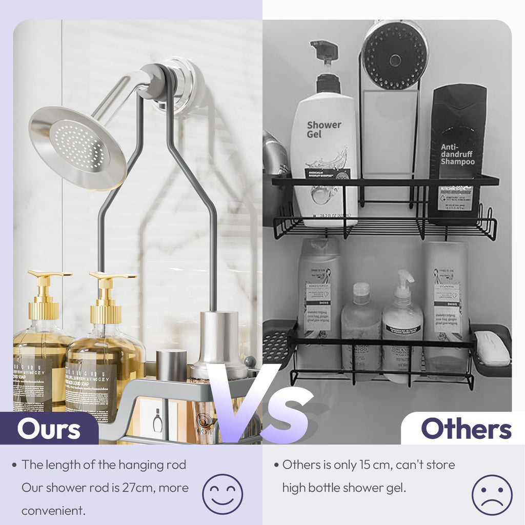 SWTYMIKI Shower Caddy Hanging, Shower Caddy Over Shower Head with 2 Soap Holders & hooks, 3 Tier Antirust & Anti-Swing Bathroom Shelves Organizer No Drilling, Silver