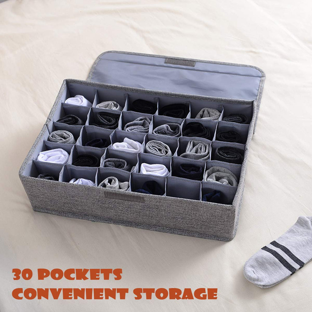 AARAINBOW 2 Packs Tie Storage Box with Lid, 60 Cells Sock Underwear Organizer for Dresser Drawer, Foldable Closet Necktie Holder for Men, Fabric Wardrobe Panty Container for Belt Scarf Lingerie, Gray