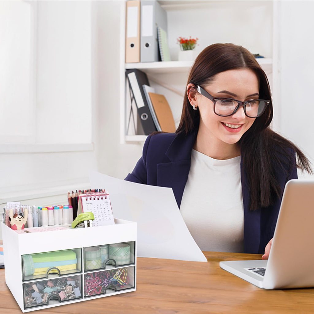 Meiikun Desk Organizer and Accessories, Plastic Stationery Storage Box with 4 Drawers, 3 Compartments & a Top Tray, Bathroom Organizers Makeup Brush Holder for Women, 21 cm x 14.2 cm x 12.2 cm (White)