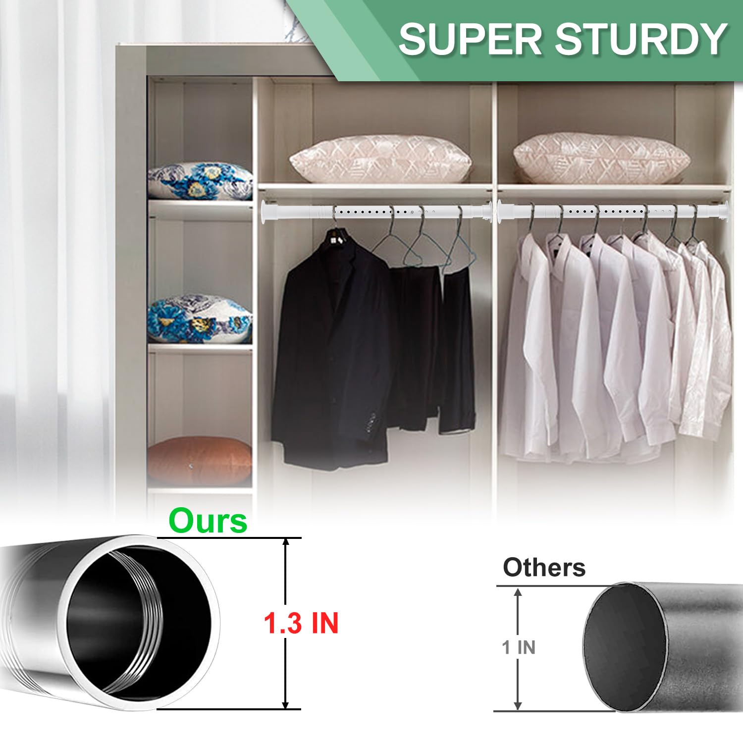 Closet Rods for Hanging Clothes, 1.3 Inch Diameter Heavy Duty Closet Rod 17-75 Inches Adjustable Clothes Hanging Bar Matte White Shower Curtain Rods for Closet, Wardrobes, Bathroom, Windows
