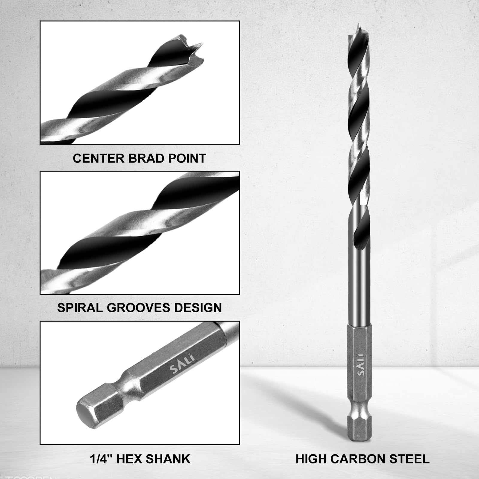 SALI Brad Point Wood Drill Bits Set 12pcs 1/8" to 1/2" Carbon Steel Drill Bit Set with 1/4" Hex Shank Double Flutes Design for Hardwood, Plywood, Plastic Round Holes in All Types of Wood