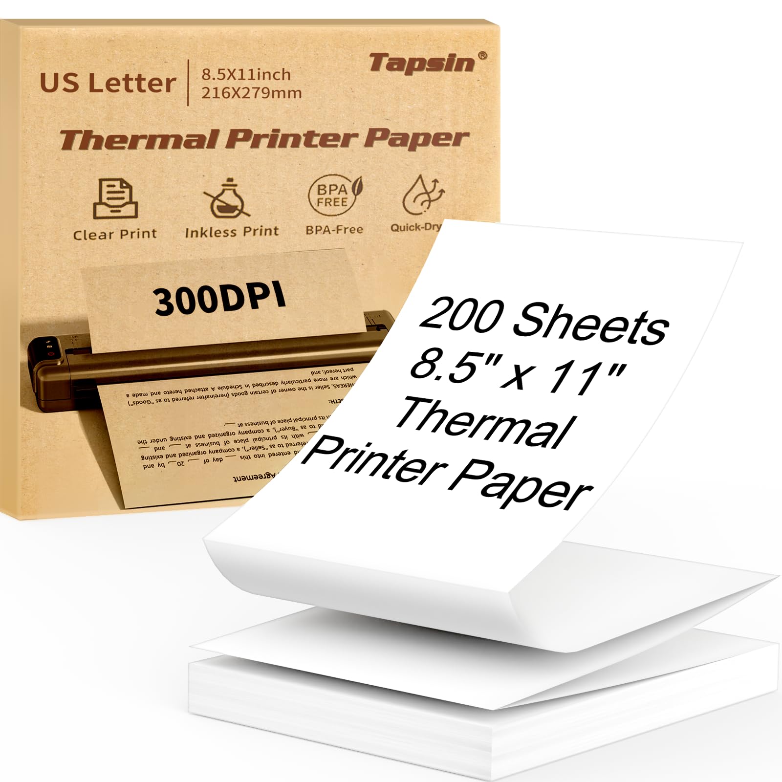 Thermal Printer Paper 8.5 x 11 Inch, Quick-Dry US Letter Thermal Paper, Compatible with M08F M832 Portable Printer, Continuous Perforated Folding Thermal Printer Paper for Office, Contract, 200 sheets