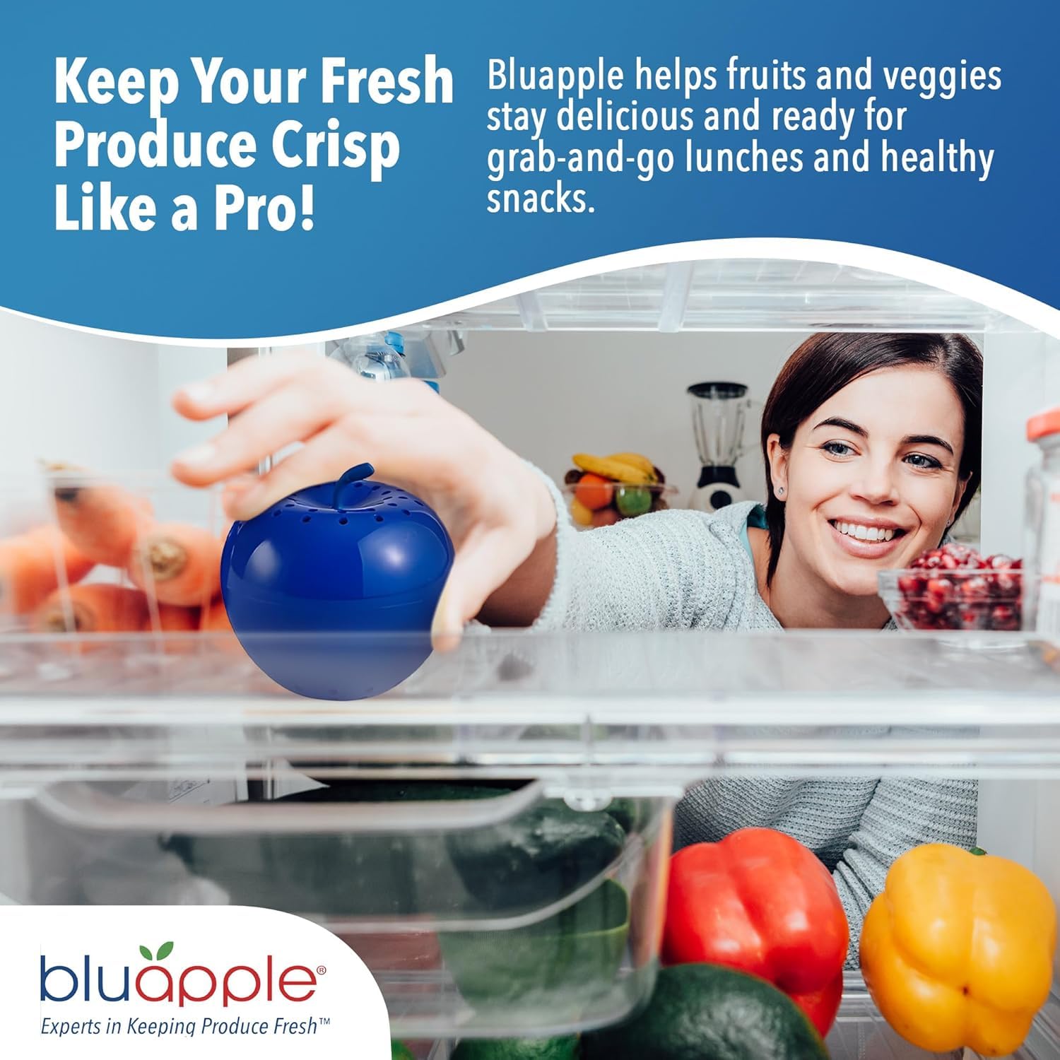 Bluapple Produce Saver 2-Pack - Keeps Fruits & Vegetables Fresh Longer in Refrigerator Crisper, Shelves, and Fruit Bowls, Lasts up to 3 Months, Ethylene Gas Absorber, BPA Free