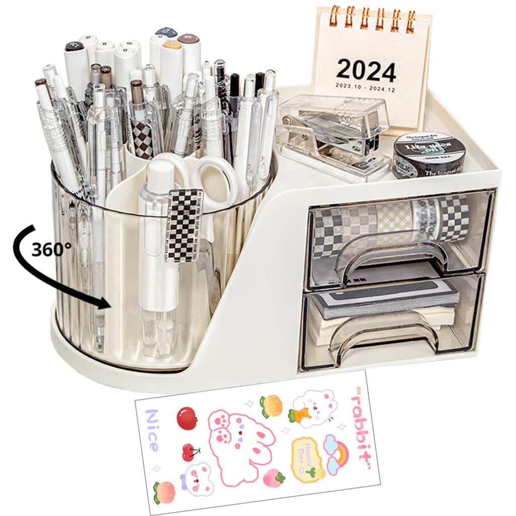 Rotating Desk Organizer, Large Capacity Cosmetic Display Case with Drawer, 360-Degree Rotating Pen Holder, Art Supply Storage Box Caddy for Office and Home