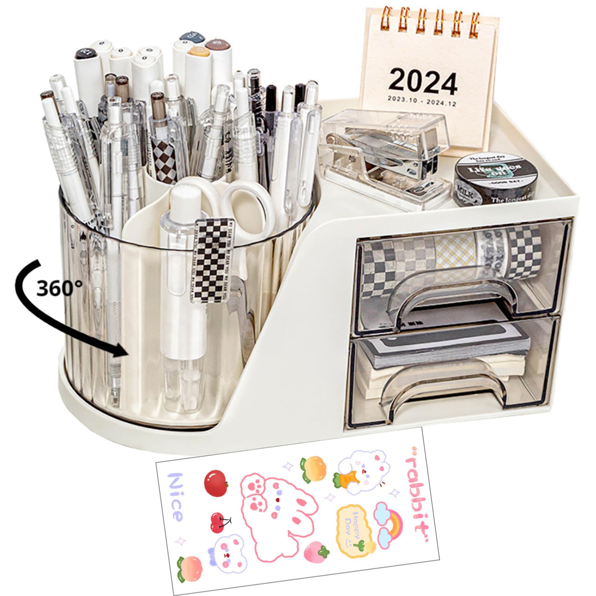 Rotating Desk Organizer, Large Capacity Cosmetic Display Case with Drawer, 360-Degree Rotating Pen Holder, Art Supply Storage Box Caddy for Office and Home