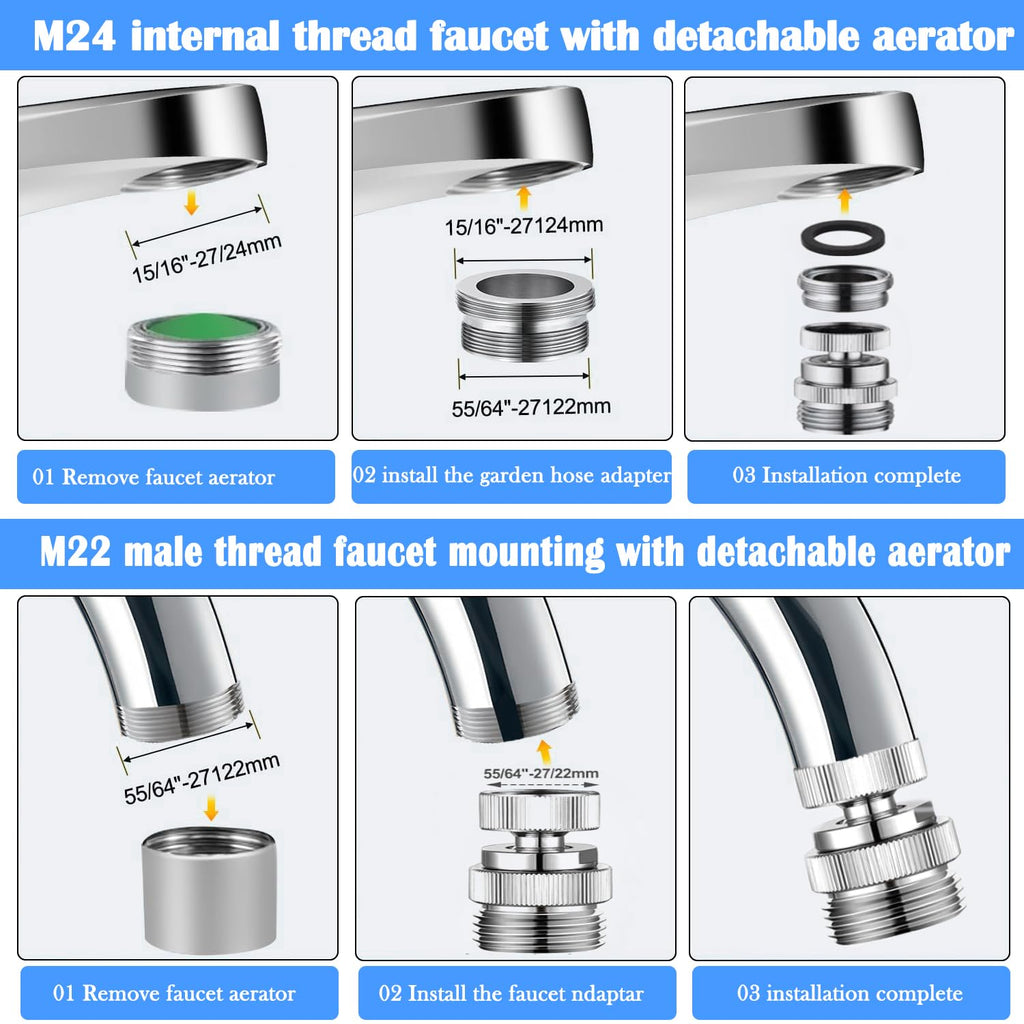 Faucet to Garden Hose Adapter with Aerator, Swivel Aerator Adapter to Connect Garden Hose, Faucet Adapter Kit for Bathroom/Kitchen, 3/4" GHT Thread Chrome