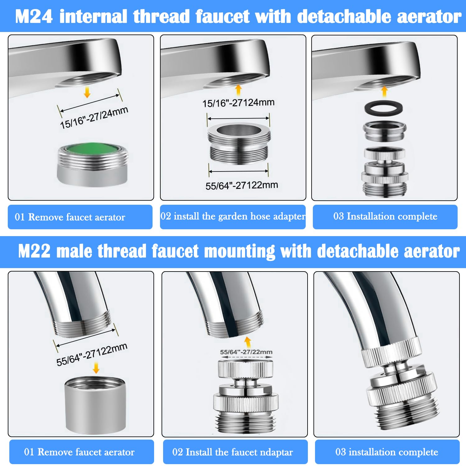 Faucet to Garden Hose Adapter with Aerator, Swivel Aerator Adapter to Connect Garden Hose, Faucet Adapter Kit for Bathroom/Kitchen, 3/4" GHT Thread Chrome
