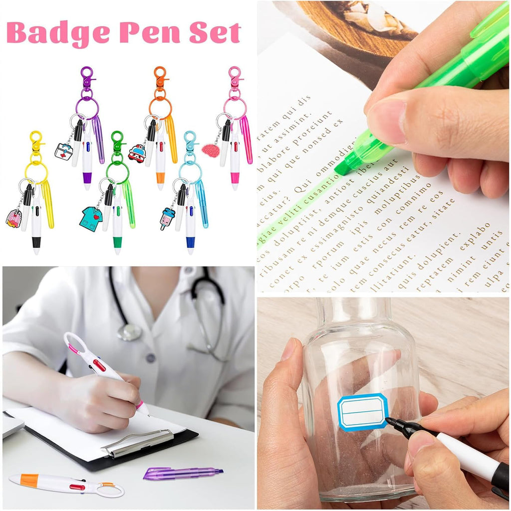 Mini Highlighter Nurse Pens for Badge Reel Pen Include 6 Tip Highlighter 6 Permanent Marker Pen and 6 Retractable Ball Pen with 6 Nursing Keychain Clip Christmas Gift (30pcs)